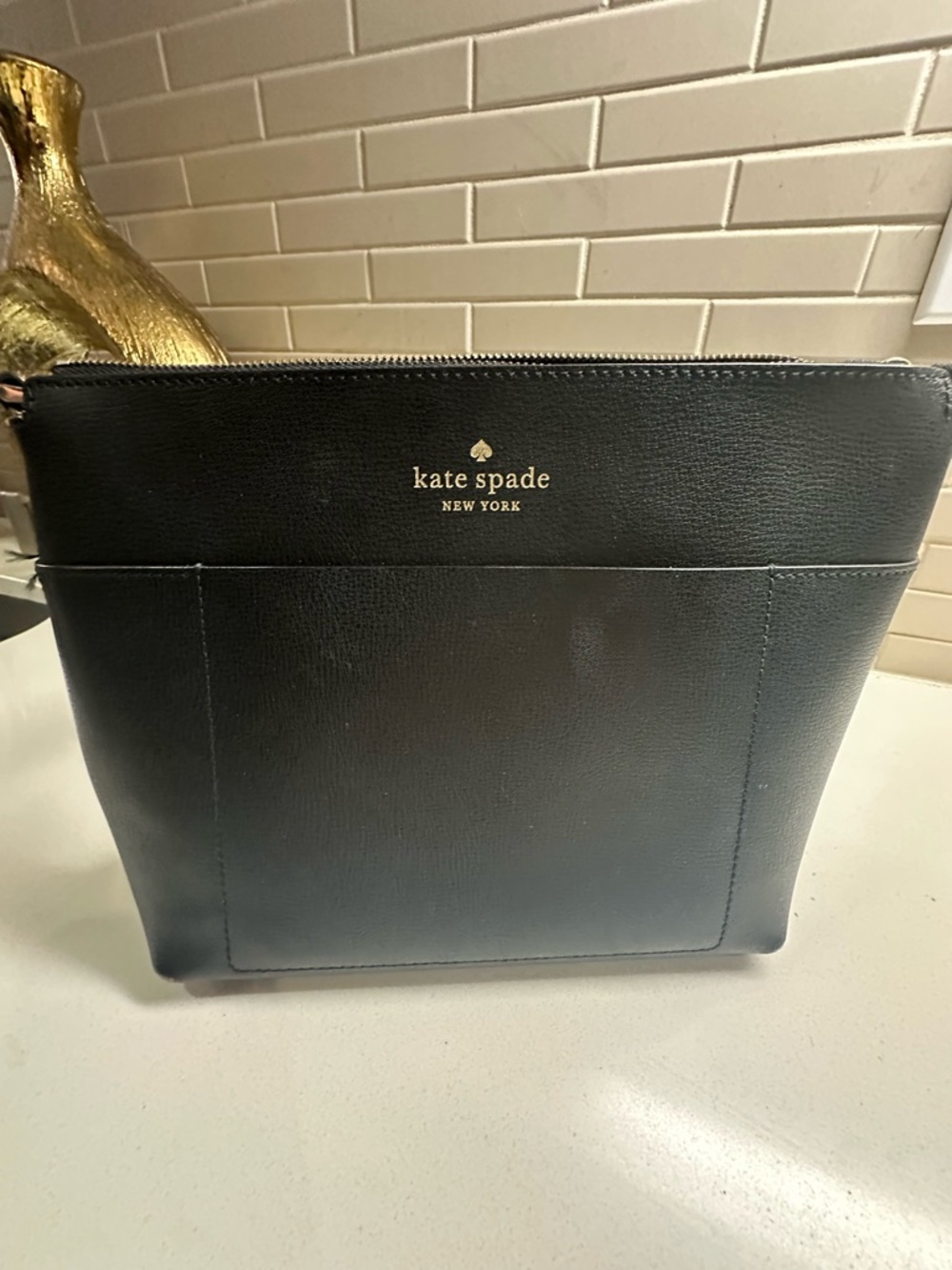kate spade Black Leather Logo Shoulder Bag with Gold Stamp 17Width